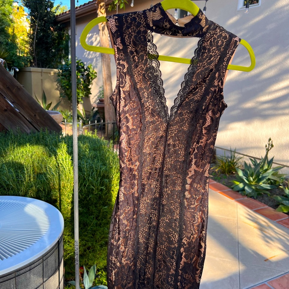 Bebe Tan and Black Lace Short Formal Dress